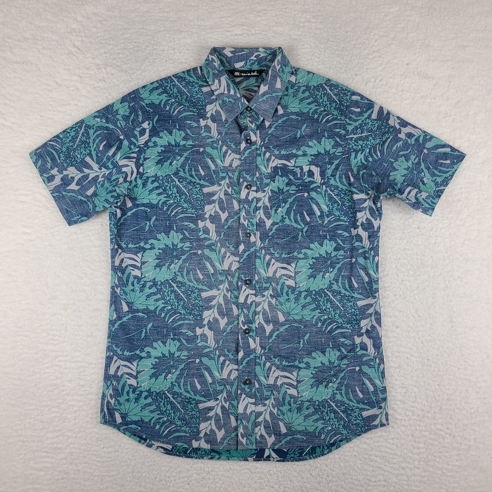 Travis Mathew Shirt Mens Medium Blue Green Floral Casual Hawaiian Button Up